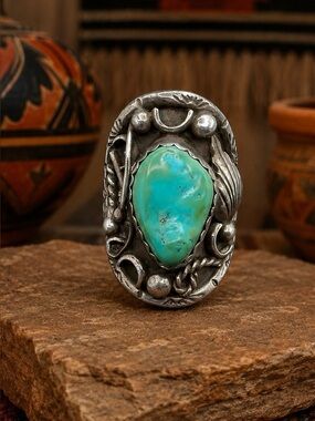 Vintage F.T. Signed Navajo Native American Sterling Silver Turquoise Ring 9
